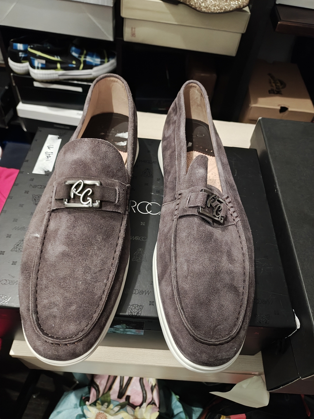 Robert Graham Men's Suede Loafers in Taupe Gray with Metal Logo